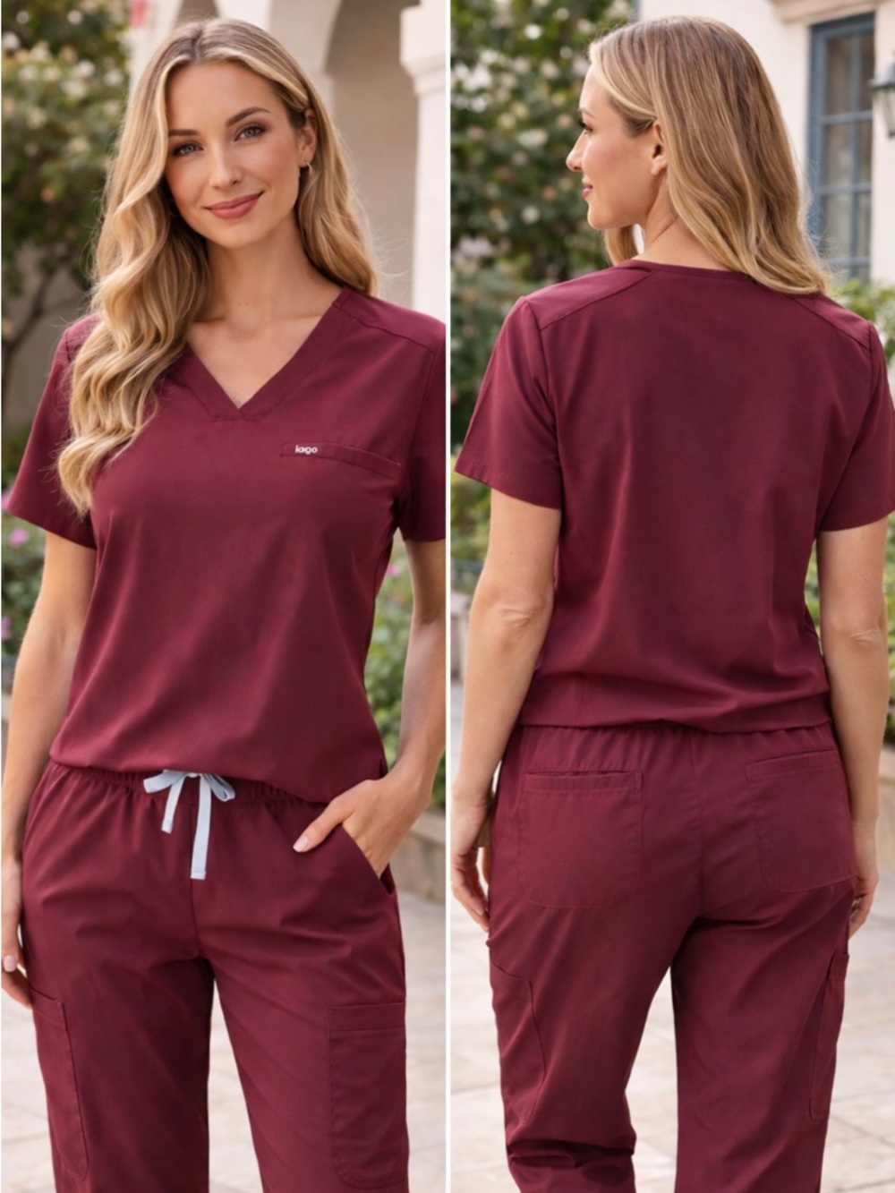 Lago Women's V-Neck Medical Scrub Set in Burgundy (LG set)